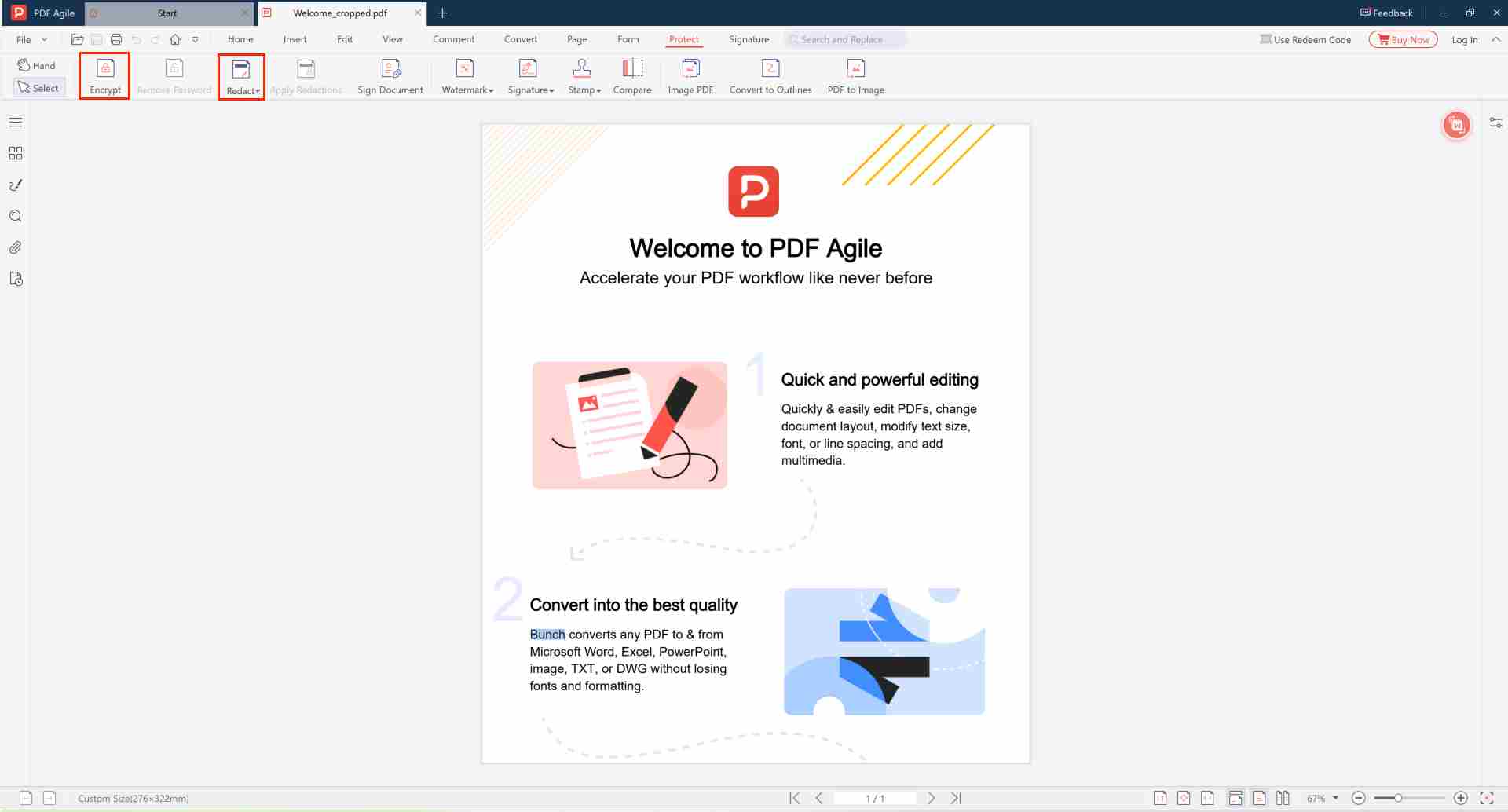 PDF Agile desktop software interface showing redaction and encryption features